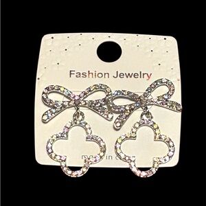 Sparkling Silver Bow and Clover Earrings